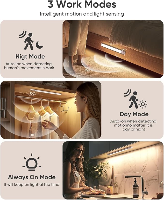 Under Cabinet Lighting Wireless, 2200mAh Rechargeable Motion Sensor Light Indoor, 3 Color Temps, Dimmable, Wireless LED Closet Lights Remote, Magnetic Under Counter Light for Kitchen, Pantry, 4 Pack