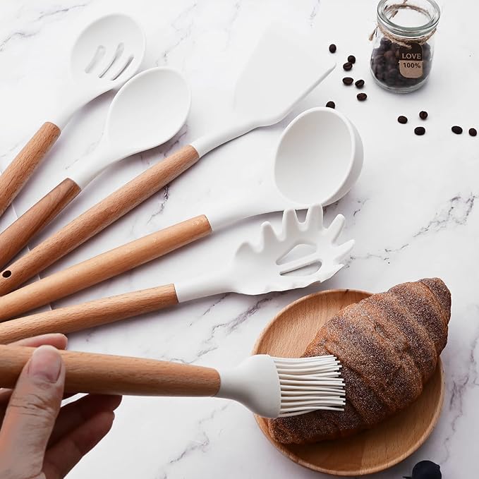 1pc White Silicone Solid Spoon with Wooden Handle, Heat Resistant Cooking Utensils, Mixing Spoon, Cooking Backing Spoons Set for Stirring, Mixing and Serving