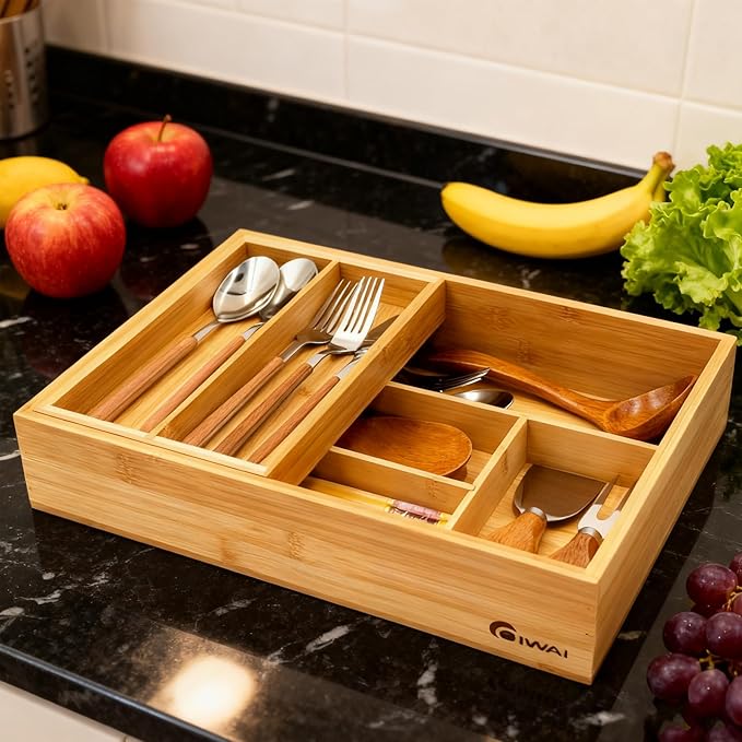 2-Tier Drawer Organizer with Removable Cutlery Tray Kitchen Utensil Silverware Drawer Organizer, Silverware Tray for Drawer Utensil Holder Bamboo Flatware Box for Utensils Stationery Cosmetics (M)