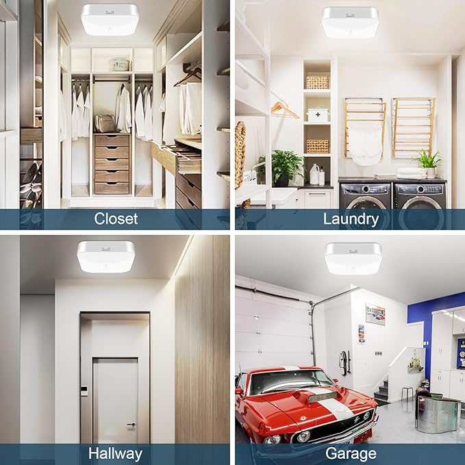 WhitePoplar Rechargeable Motion Sensor Closet Light, Rechargeable Battery Operated Ceiling Light Wireless, 500LM Wireless Motion Activated Light for Shower Stairs Hallway Pantry Porch Garage, 5000K