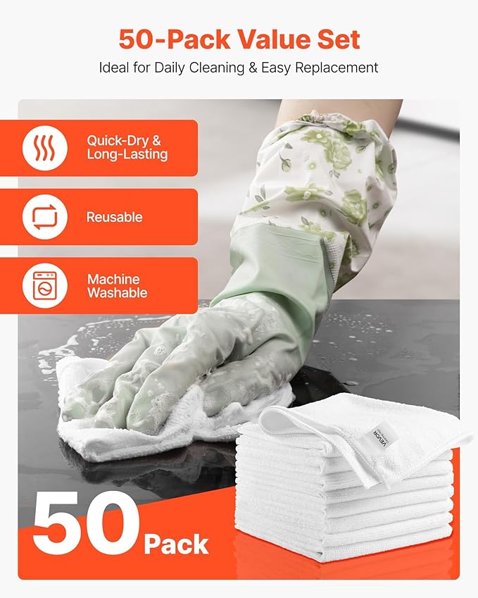 VEVOR 50 Pack White Microfiber Cleaning Cloth, 12 x 12 in Premium Microfiber Towels, Lint-Free and Scratch-Free, Absorbent Cleaning Rags for Car, Household, Kitchen, Window, SPA, Hotel & Bathroom