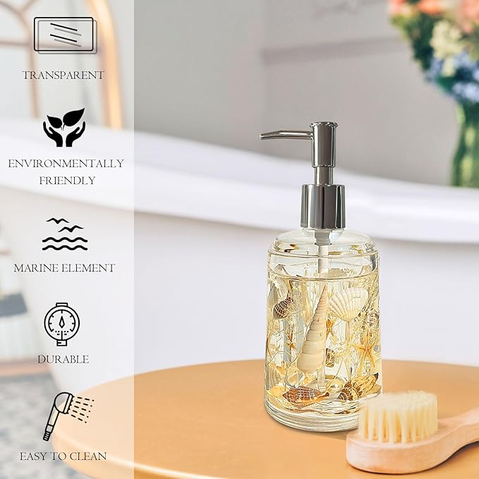 FONMY Soap Dispenser with Pump Acrylic w/Nature Seashell Handmade Bathroom Hand Soap Dispenser, Kitchen Refillable Liquid Dispenser for Soap,Dish Soap, Lotion (Milkly White)