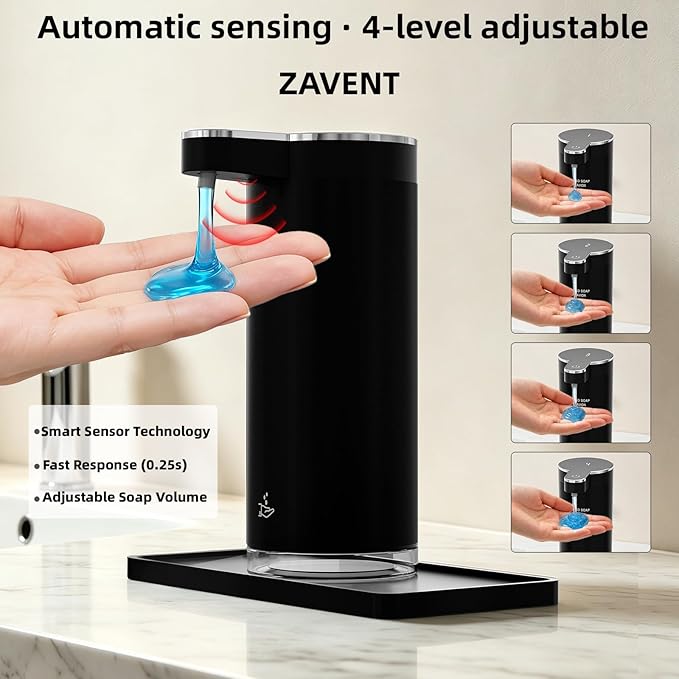 ZAVENT™ Touchless Automatic Soap Dispenser with Compact Black & White Organizer Tray for Kitchen & Bathroom Countertop, Stainless Steel Sensor Dispenser, Modern Design