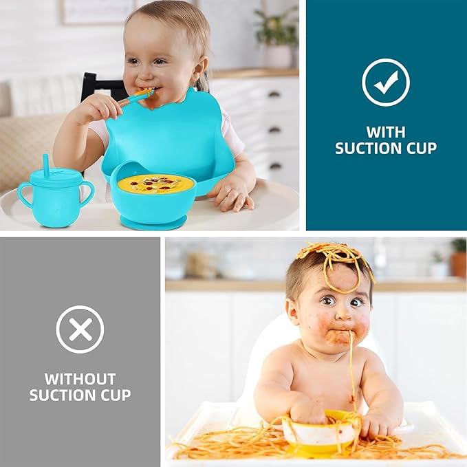 100% Silicone baby feeding set,BPA free Baby dishes set with Suction Bowl Divided Plate,Toddler Self Feeding Dish Set with Spoons Forks Sippy Cup And Bib, Baby Eating Utensils (Cyan Blue)