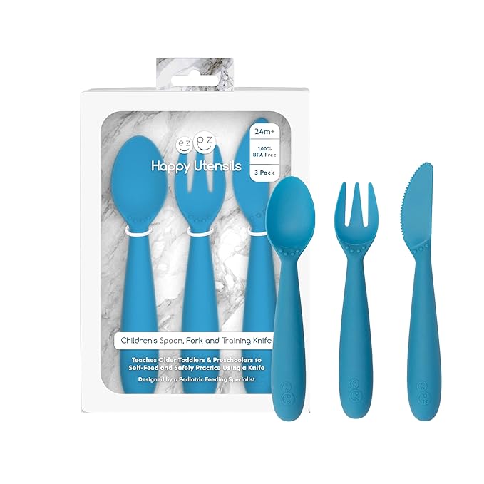 ezpz Happy Utensils (Blue) - 24 Months+ - BPA Free Toddler - Fork, Spoon and Knife for Toddlers and Preschoolers - Kids Utensils for Self-Feeding Development