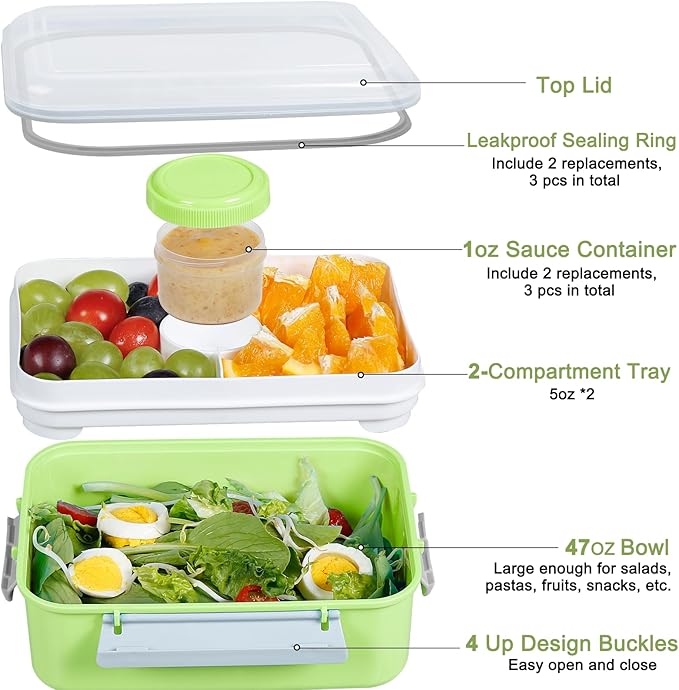 3 Pack Salad Lunch Box Food Storage Containers, 47oz Bento Box To Go Container with Lids, ReusableMeal Prep Containers with Removable Tray & Dressing Pots for Kids and Adults, Microwavable