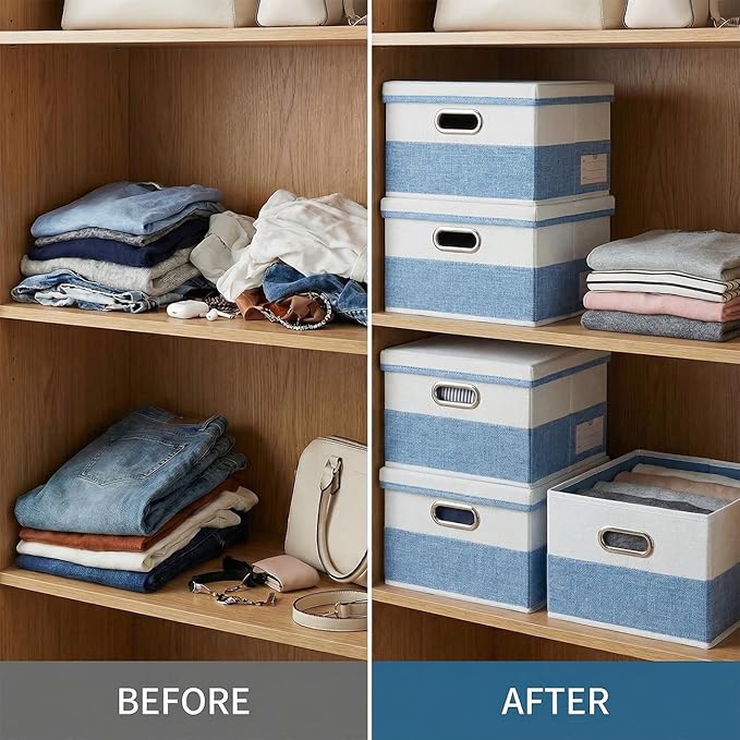 PRANDOM Storage Bins [3-Pack] Linen Foldable Boxes - Blue & White
