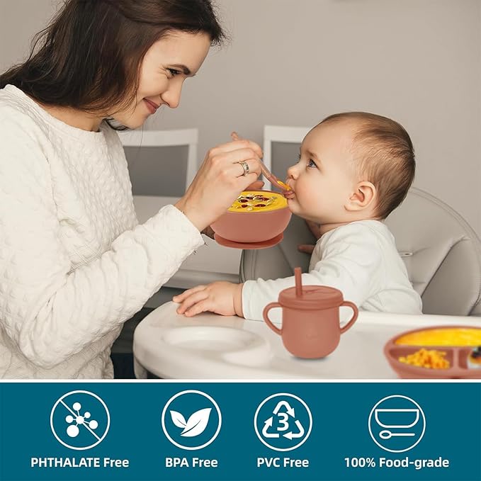 100% Silicone Baby Feeding Set, 9 Pcs: Bib, Divided Plate, Bowl, Sippy Cup, Spoons & Forks (Carrot)