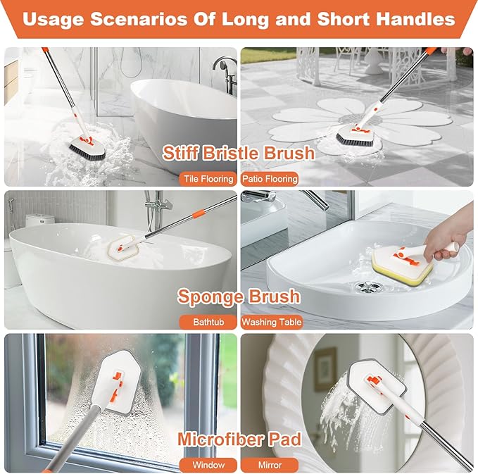 Long Handled Scrub Brush for Shower，3-in-1 Cleaning Brushes with 3 Different Function Cleaning Heads Brush for Shower Cleaning Bathroom Kitchen Walls Tub Tile