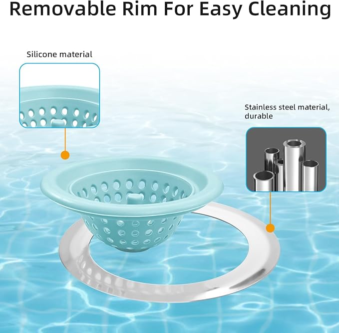 Silicone Strainer for Kitchen Sink, 2 Pack, Stainless Steel Reinforced, Basket Strainer, Drain Cover, Food Catcher, Debris Trap