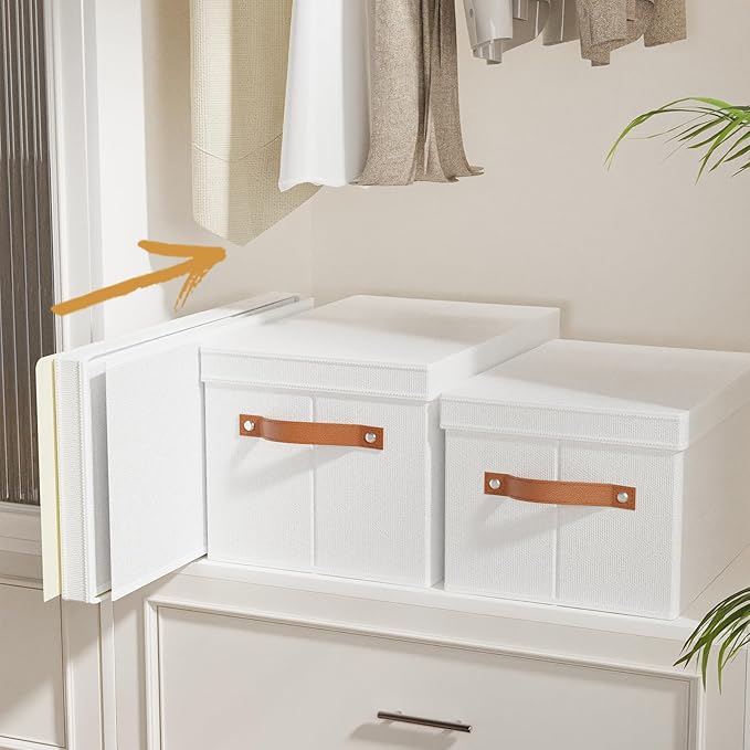 Fabric Storage Bins with Lids, 15 x 9.8 x 8.3 Inch Storage Boxes for Shelves Wardrobe Bedroom, Closet Organizers with Handles, White, 3-Pack