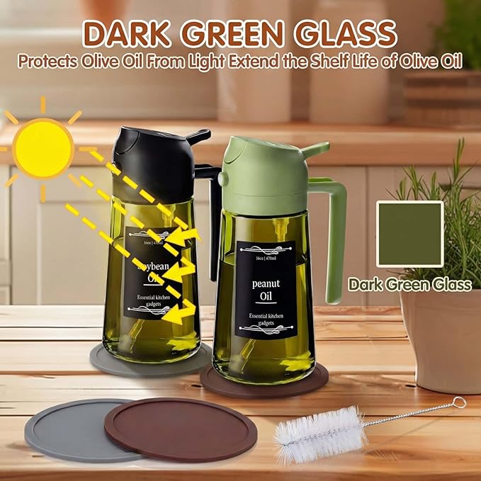 2pcs Oil Sprayer for Cooking;16oz/470ml 2 in 1 oil dispenser and oil sprayer;Light-Blocking Dark Green Glass Oil Bottle for Air Fryer, BBQ, Kitchen Gadgets with cleaning brush,Non-slip mat