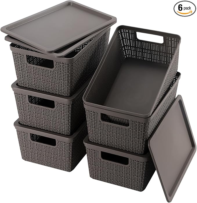 6 Pack Plastic Storage Baskets With Lids, Grey Breathable Stackable Storage Bins