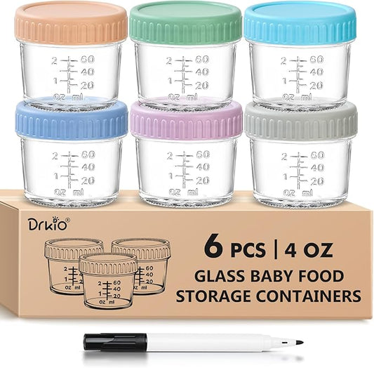 DRKIO 6 Baby Food Jars - 4oz (6 Pack) - Leak Proof Storage