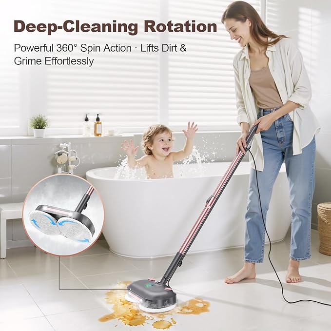 Scrubbing Steam Mop with Rotating Pads, Spin Steam Cleaner for Floor Cleaning,Large Tank,23FT Cord, LED Headlights,Reusable Pads & Self-Standing,Safe for Hard Floor/Laminate/Marble