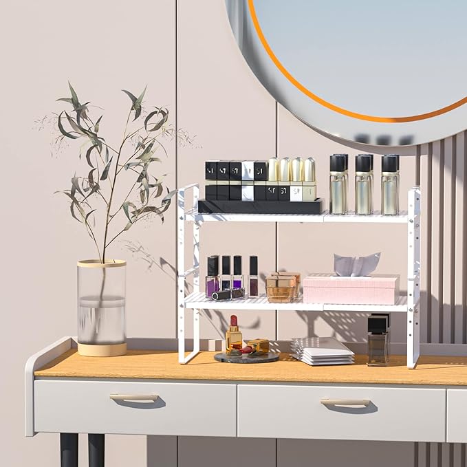 Cabinet Organizer Shelves,3 Pack of Expandable Spice Racks,Space Saving Storage Shelves for Kitchen,Pantry,Bathroom, Bedroom, Under Sink,Office,Table Surfaces & Counter,White Modern Style