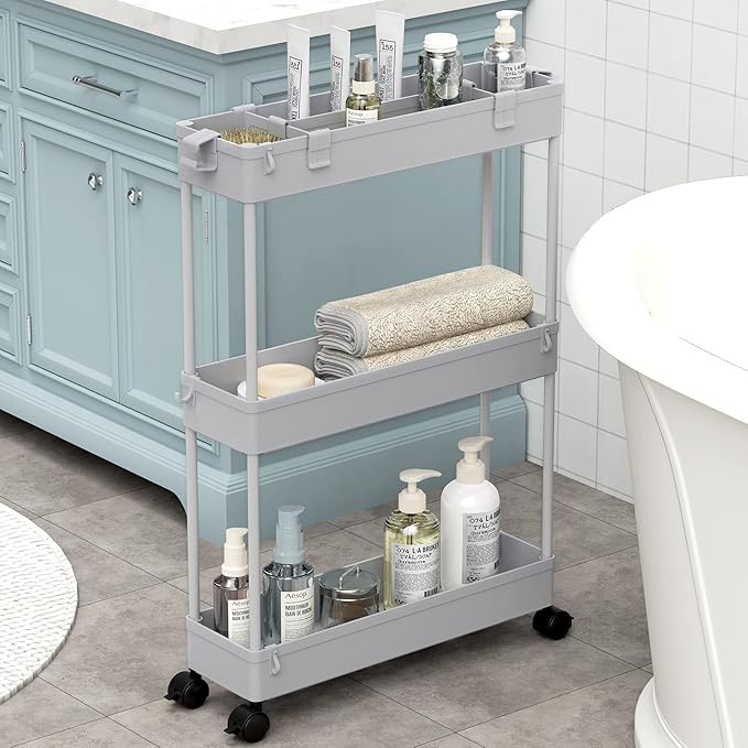 SPACELEAD Slim Storage Cart 3 Tier,Bathroom Organizer Rolling Utility,Mobile Shelving Unit Slide Out for Office, Kitchen, Laundry Room & Narrow Places,Gray