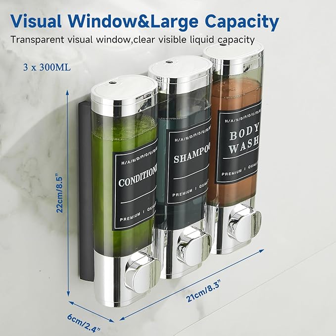 Shampoo and Conditioner Dispenser,Unisense Shower Soap Dispenser 3 Chamber No Drill Wall-Mounted Shampoo Dispenser for Shower Wall Mounted Shower Dispenser for Bathroom Hotel Large Capacity,Chrome