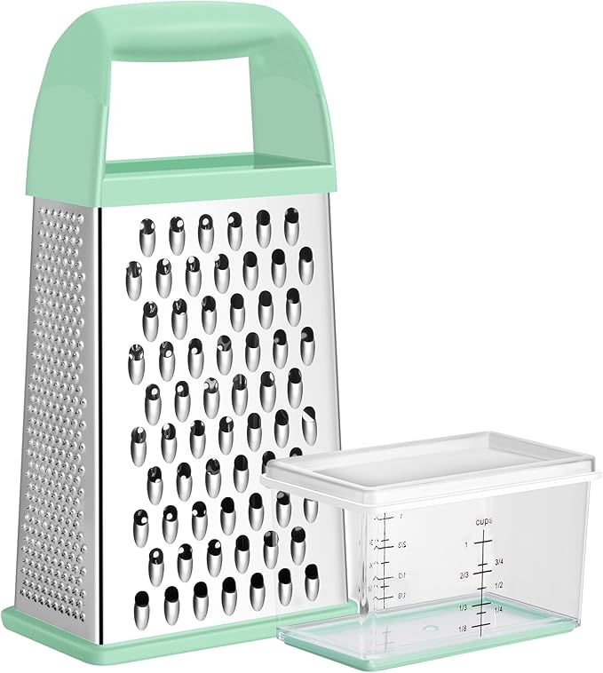 Urbanstrive Cheese Grater With Container, Professional Cheese Grater with Handle, Stainless Steel Graters for Kitchen Handheld, Box Grater with 4 Sides for Vegetables, Ginger, Potatoes (Mint Green)