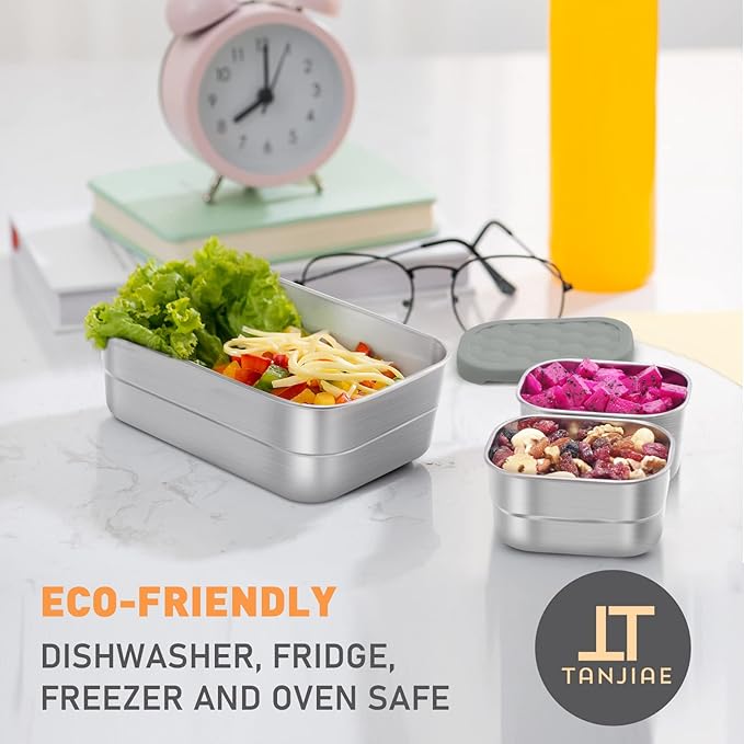 Tanjiae 3 CUP+1 CUP Stainless Steel Lunch Snack Containers Set | Leak Proof 304 Stainless Steel Food Containers with Silicone Lids - Perfect Metal Lunch Box for School and Daycare (25oz+8oz*2)