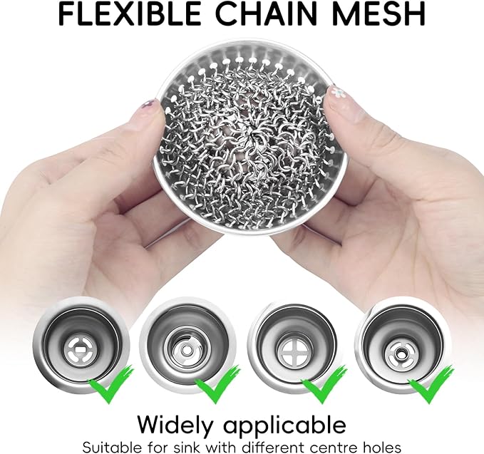 wokdada Kitchen Sink Strainer (1-Set Silver): with Adapter, Flexible Insert Chain Mesh Screen. 304 Stainless Steel, Clog-Free Catcher for Universal Sizes (Garbage Disposal)