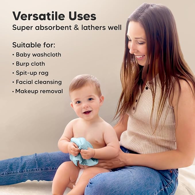 6-Pack Baby Washcloths – Soft Absorbent Viscose from Bamboo Washcloths for Face, Body, Baby Towels for Newborn, Kids, Toddlers, Infant, Gentle on Sensitive Skin, 10x10 Reusable Face Towels (Mellow)