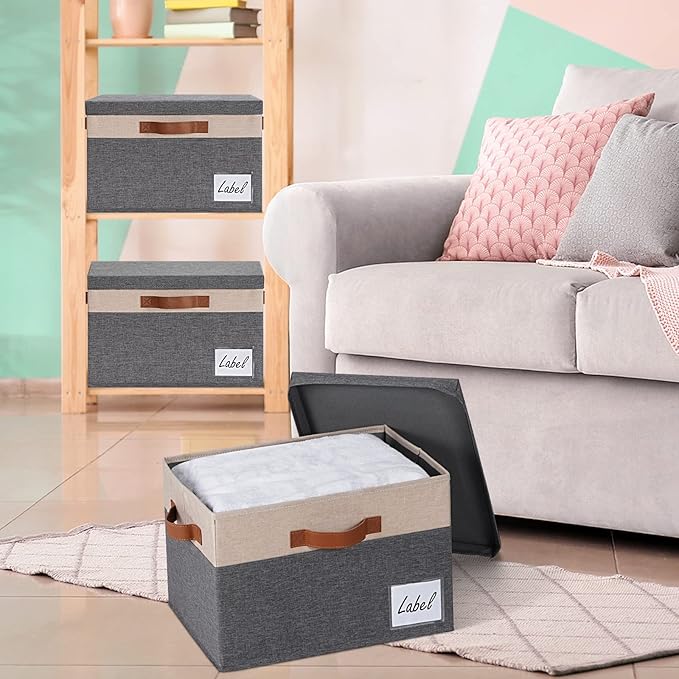 Fabric Storage Bins with Lids 3 Pack, Beige, 15" x 11" x 9.7"