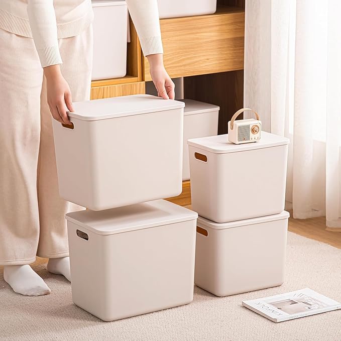 4 Piece Plastic Storage Baskets Boxes with Lids,11.8x8x10 Inch Stackable Organizing Bins with Handles, Versatile Containers for Pantry,Bathroom,Closet Shelves Desktop (Light grey, 4XL)
