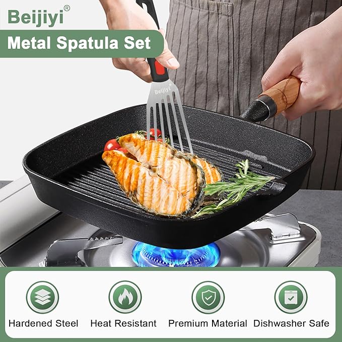 Beijiyi Stainless Steel Spatula Set, Heavy Duty Small Metal Spatula for Cooking Cast Iron Skillet with Silicone Handle - Griddle Grill Kitchen Spatula Flipper for Pancake, Fish, Smash Burger and Egg