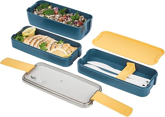 Restaurantware Bento Box 1 Count 30 Ounce Plastic Lunch Box Stackable With Cutlery, Leakproof Microwave-Safe Meal Prep Container Stackable Blue