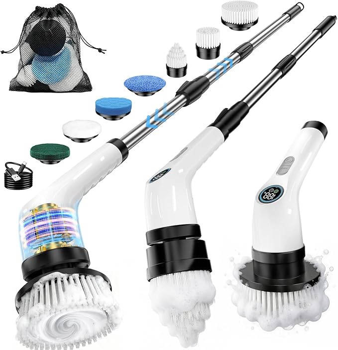 Electric Spin Scrubber, Rechargeable with Upgraded Battery & Extended Runtime, IPX7 Cleaning Brush, 3000mAh Battery 7 Brush Heads 2-Speed Adjustable Long Handle for Bathroom & Tile Floor Cleaning