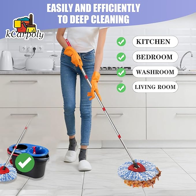 4 Pack Spin Mop Replacement Heads Compatible for O Ceda RinseClean 2 Tank System, Microfiber Mop Refills,Deep Cleaning, with 4.33in Core Base and Handles