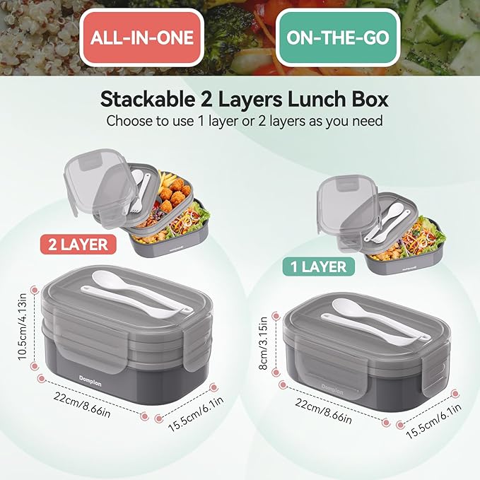 2 Layers Bento Box, All-in-One Stackable Lunch Container with Compartments