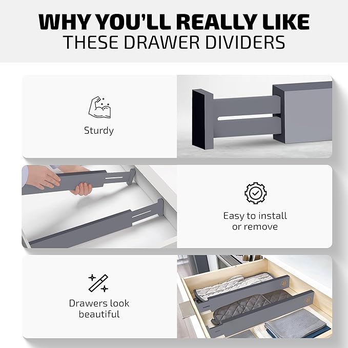 4-Pack Bamboo Drawer Dividers, 2.6 Inches High, Gray Wood
