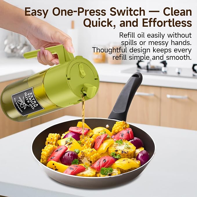 500ml Green Olive Oil Sprayer, Controlled Oil Glass Spray Bottle for Salad, Air Fryer Vegetables, Cooking, Refillable 2-in-1 Dispenser