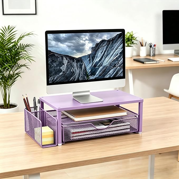 Spacrea Desk Organizer and Accessories, Computer Monitor Stand Riser with Drawer and 1 Open Pen Holder, Printer & Laptop Stand