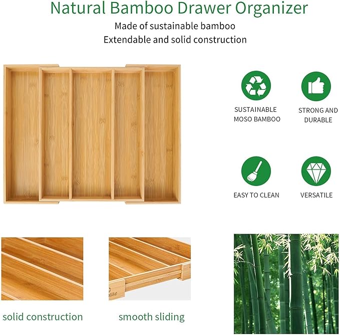 Bamboo Expandable Kitchen Drawer Organizer, 5 Slot