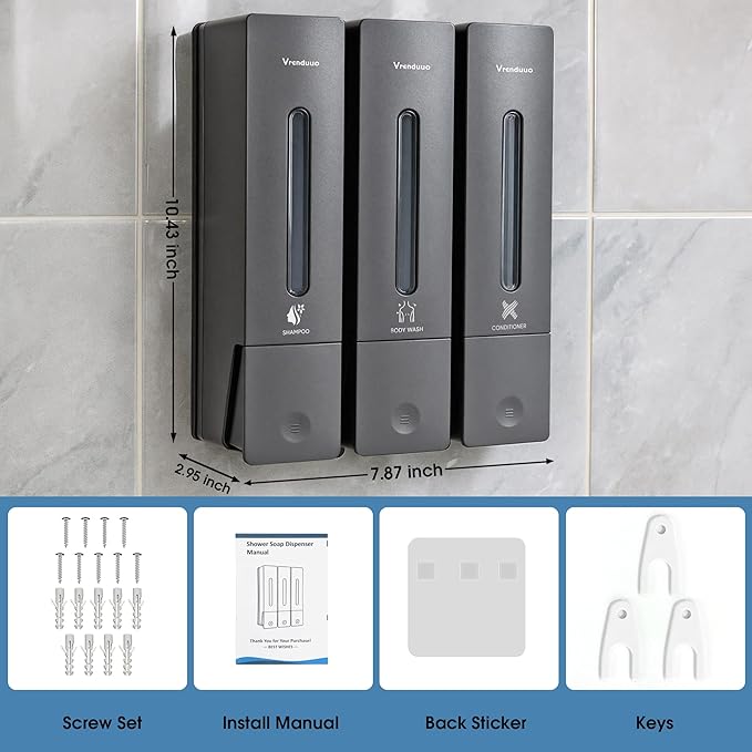 Shampoo and Conditioner Dispenser,Shower Dispenser 3 Chamber No Drill,Shower Soap Dispenser Wall Mounted for Bathroom Hotel with Upgrade Pump Head,3 * 400ml, (Gray 3 Chamber)