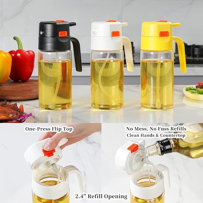 18oz/500ml High-Borosilicate Glass Oil Sprayer for Cooking, Olive Oil Dispenser Bottle,2 in 1 oil Dispenser with Portion Control for Salad, Frying, BBQ (WHITE)