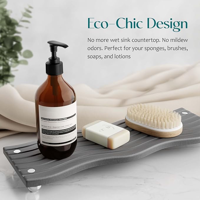 Water Absorbing Stone Tray for Sink, Diatomite Drying Stone for Kitchen Bathroom Counter, Decorative Raised-Feet Vanity Tray, Sink Caddy Organizer for Dish Soap & Sponge Holder [Dark Grey, 12'' x 4'']