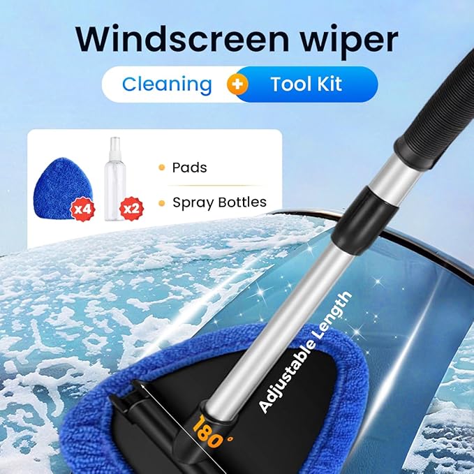 Windshield Cleaner Tool, 180 Degree Rotatable Inside Windshield Cleaning Set, Longer Extendable Windshields Cleaning Tool