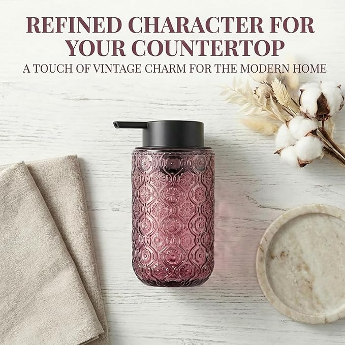 Pink Glass Foaming Hand Soap Dispenser with Matte Black Pump Thick Embossed Bottle Refillable for Bathroom and Kitchen Decor 13.5 oz