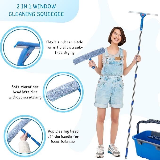 Window Cleaning Kit - 6 Ft Handle, 3 Gallon Bucket, Glasses Cleaner