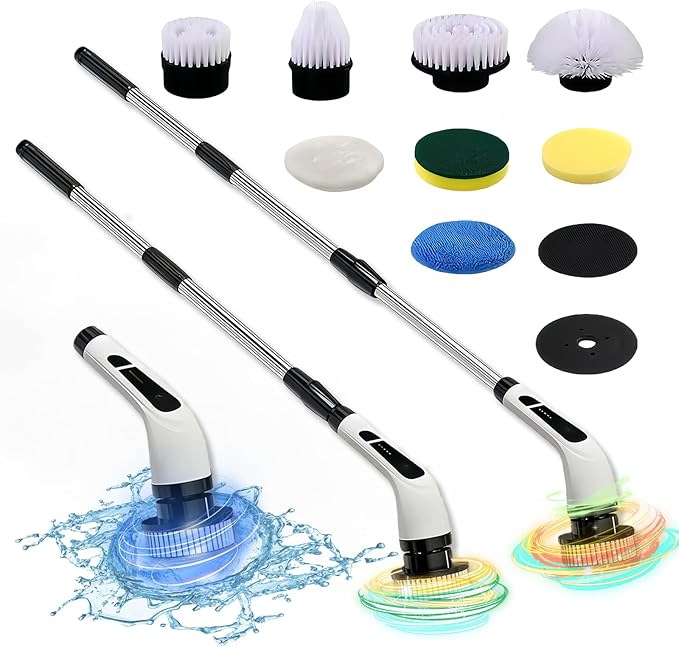 Electric Spin Scrubber- Ditch The Scrubbing! Long Handle Shower Scrubber with 9 Replaceable Heads - 2 Speed Cordless Brush Ensures Long Battery Life, Modern White Design!