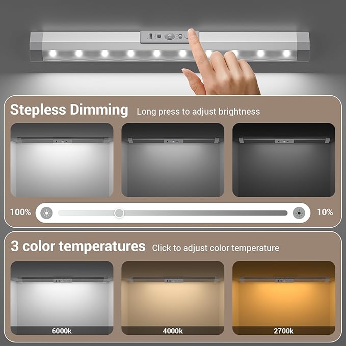 WOBANE Rechargeable Motion Sensor Closet Light，3 Color Dimmable LED Bar with Eye Comfort Design，Magnetic Mount Wireless Battery Operated LED Lighting for Wardrobe，Stairs，Pantry，Hallway, 12inch, 2PCS