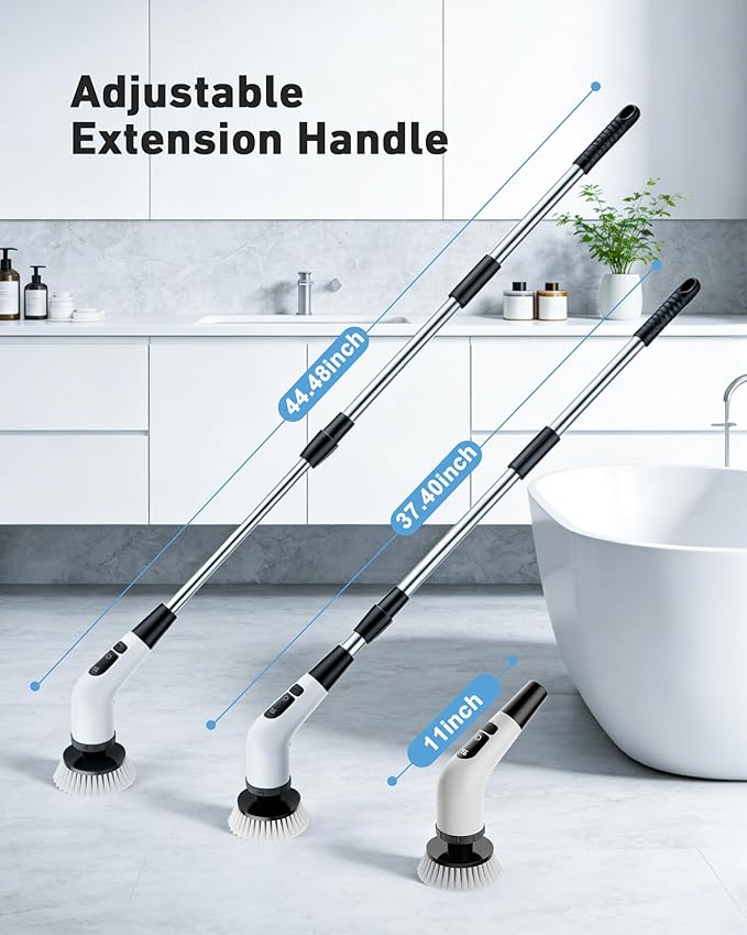 Powerful Electric Spin Scrubber, Cordless Cleaning Brush, Shower Scrubber,90-Min Extended Runtime, Telescopic Long Handle, 8 Replaceable Heads, 2 Speeds for Bathroom, Bathtub, Floor & Glass