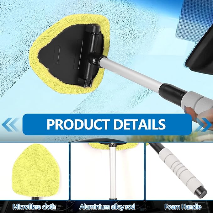 Wuyaoyao Car Windshield Cleaning Tool, Car Windshield Window Cleaner, Auto Window Glass Cleaning Kit with Extendable Handle & Reusable Microfiber Pad & Spray Bottle, Universal Car Accessories (Yellow)