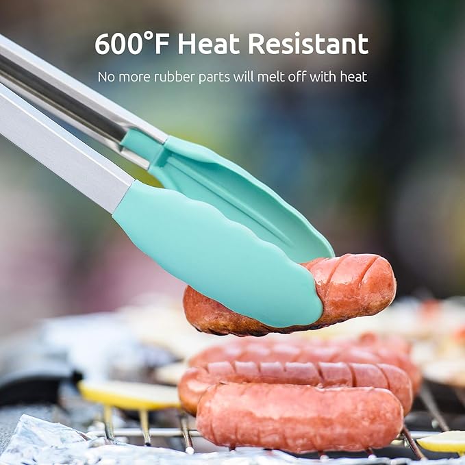 Kitchen Tongs, U-Taste 7/9/12 inches Cooking Tongs, with 600ºF High Heat-Resistant Non-Stick Silicone Tips, 18/8 Stainless Steel Handle, for Food Grill, Salad, BBQ, Frying, Serving, Pack of 3(Teal)
