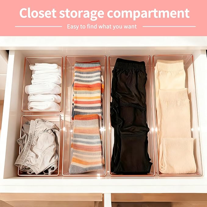12 Pack Large Size Clear Stackable Drawer Organizer Trays, Rose Gold Rim Makeup Drawer Storage Tray Divider, Desk Storage for Makeup, Jewelry