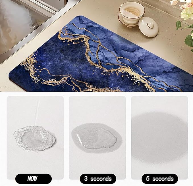 Dish Drying Mat for Kitchen Counter, Blue Marble and Golden Veins Washable Absorbent Quick Dry Pad with Rubber Backing, Draining Mat for Dishes Coffee Table, 16" x 24"